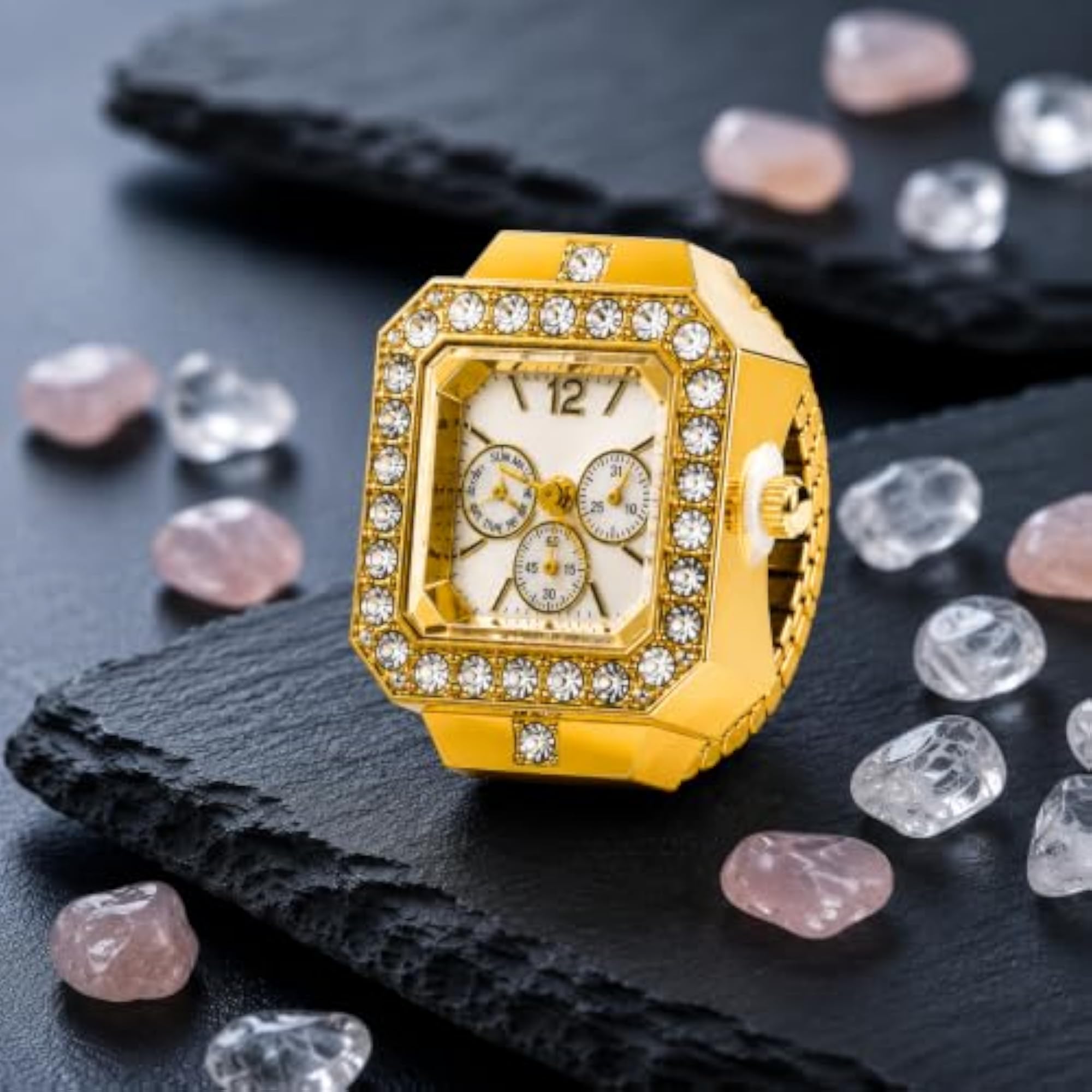 Women's Gold Stretchable Stainless Steel Ring Watch